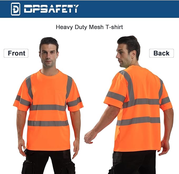 High Visibility Class 3 T Shirts，Hi Vis Safety Shirts with Reflective Strips and Pocket, Short Sleeve Quick Dry Mesh Construction Work Shirt for Men/Women Orange,2XL