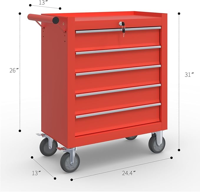 5-Drawer Rolling Tool Box, Metal Tool Chest with Wheels and Locking, Portable for Warehouse, Garage, Repair Shop, Workshop (Red, 5-Drawer)