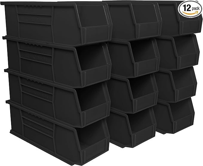 Akro-Mils 30234 AkroBins Plastic Storage Bins, Space-Saving Stackable Bins for Garage, Pantry, Craft Organization, 15-" x 5-" x 5-", Black, 12-Pack