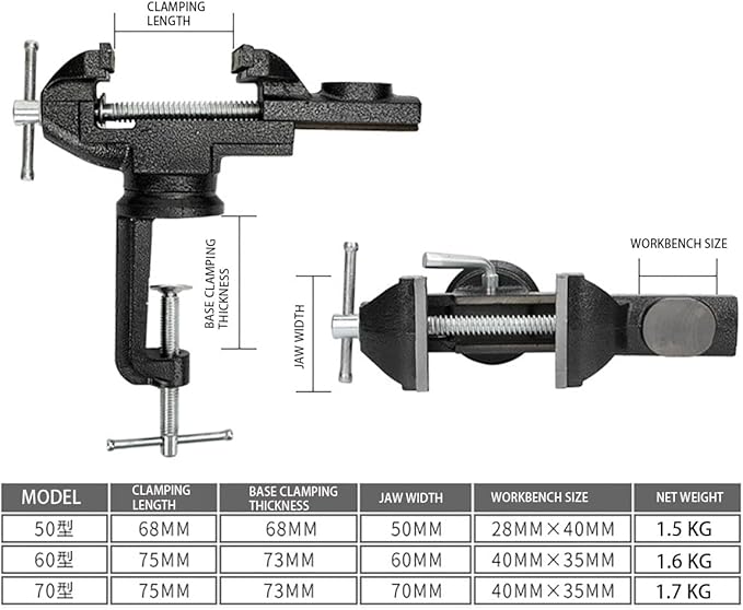 Home Vise Universal Rotate 360° Work Clamp-On Vise Table Small Bench Vice for Jewelers Hobby Clamps Craft Repair Tool Portable Work Bench Vise (mini) (Black, 2 INCH)