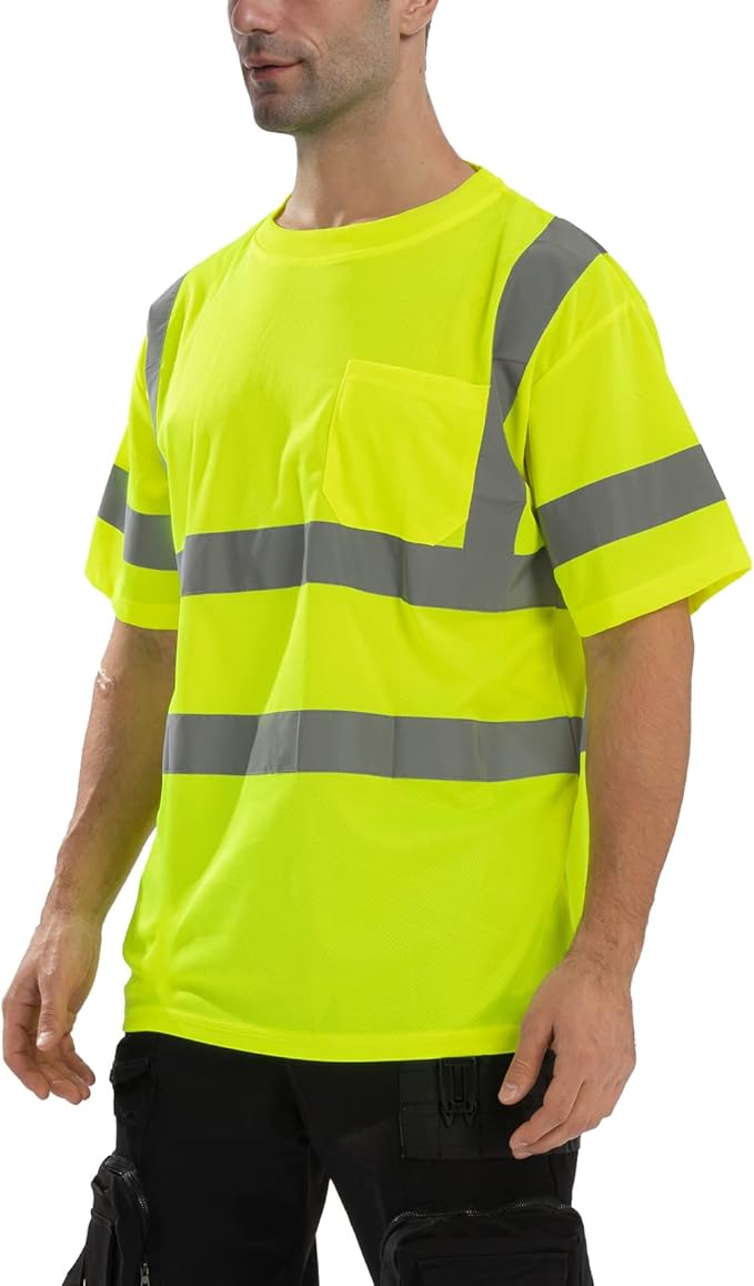 High Visibility Class 3 T Shirts，Hi Vis Safety Shirts with Reflective Strips and Pocket, Short Sleeve Quick Dry Mesh Construction Work Shirt for Men/Women Lime,6XL