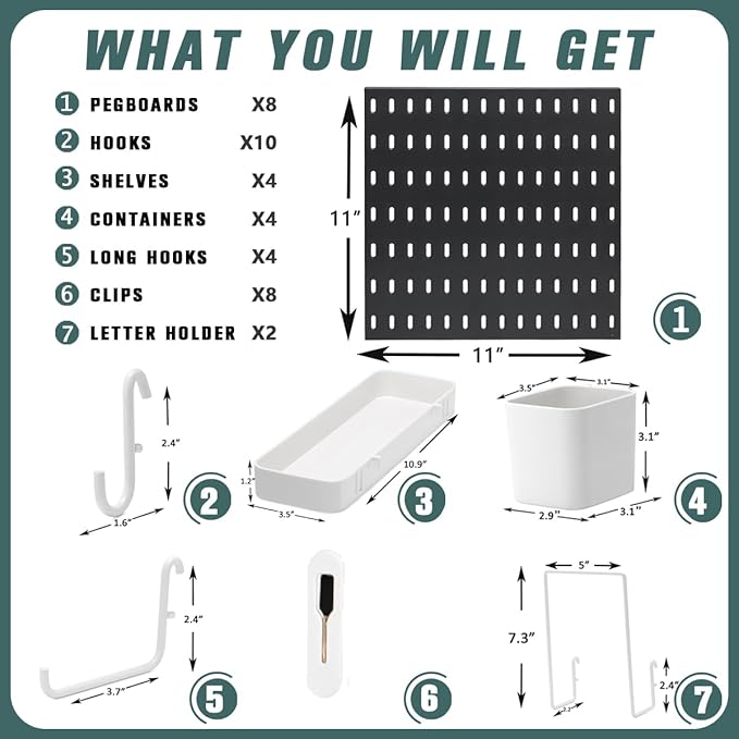 Pegboard Combination Kit, Wall Mounted Storage Set with 8 Pegboards & 32 Accessories Hanging, Black Peg Boards Organizer for Walls Display, Crafts Organization, Kitchen Organizer, 22" x 44"