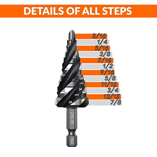 THINKWORK Four Spiral Flute Step Drill Bit, HSS Step Drill Bit3/16-7/8 (12 Steps) Unibit Step Drill Bit, 1/4" Shank Step Bits for Aluminum, Wood, Plastic, Metal