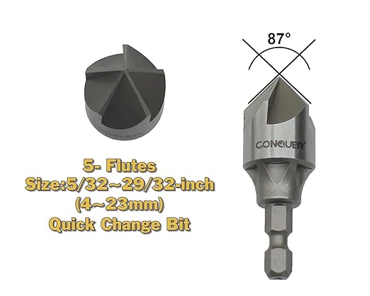 CONQUER Tools 5 Flute Metal Countersink Drill Bit, 87 Degree for 1/4'' Hex Shank Fit 5/32~29/32-inch(4~23mm) Beveling Chamfer Tool Holes Shaping Trimming, Inner/Pipe Reamer