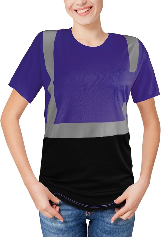 High Visibility Shirts Quick Dry Safety T Shirts with Reflective Strips and Pocket Short Sleeve Mesh Hi Vis Construction Work Class 2 Shirt for Men/Women Black Bottom Purple,Large
