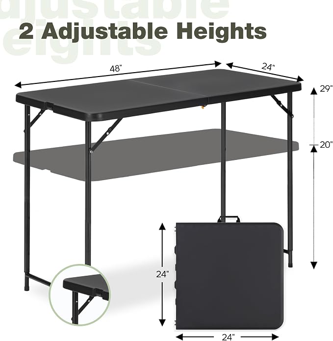 4ft Folding Table with Adjustable Height, 2-Level Foldable Table with HDPE Top - Image 3