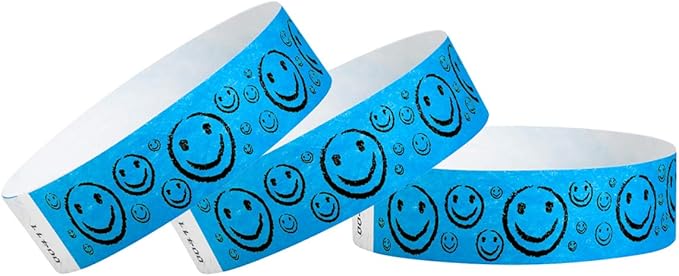500 WristCo Neon Blue Smiley Face Tyvek Wristbands for Events - ¾” x 10” - Waterproof Recyclable Comfortable Tear Resistant Paper Bracelets Wrist Bands for Concerts Festivals Admission Party