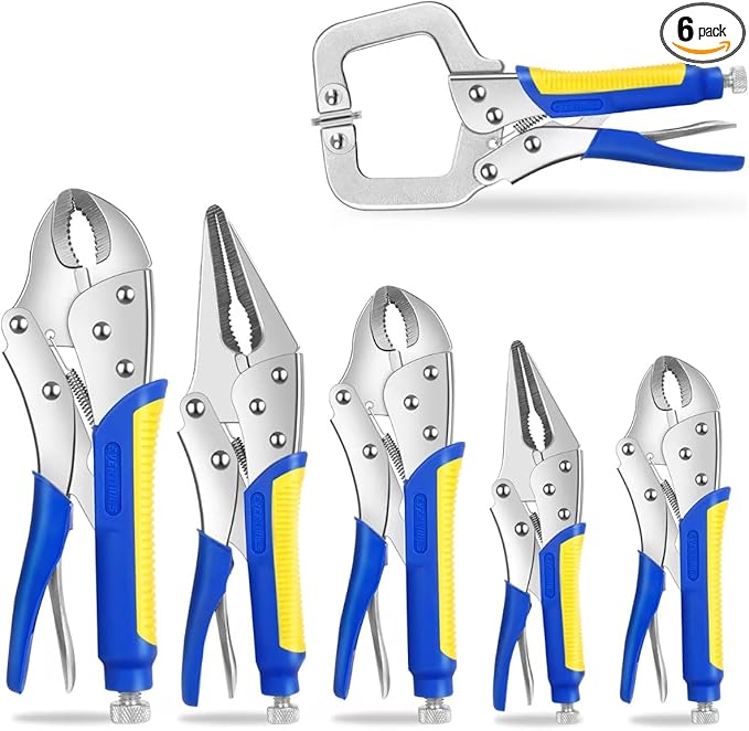 6-Piece Locking Pliers, Heavy Duty Vice Grips Set, 5", 7" & 10" Curved Jaw & 6-1/2" & 9-1/2" Long Nose, 6" C-Clamp, for Welding and Metal Bending.