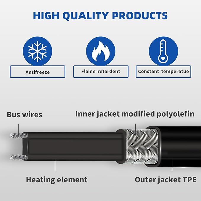 100FT Heat Cable for Water Pipes, Prevent Freezing & Easy Installation, Water Pipe Heat Cable with Thermostat Self-Regulating, Pipe Heating Trace System 120 V