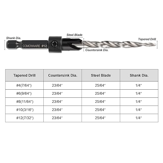 COMOWARE Countersink Drill Bits Set- 5Pcs M2 Counter Sink Bit for Wood High Speed Steel, 4#6#8#10#12, Woodworking Carpentry Reamer with 1 Free Hex Key Wrench