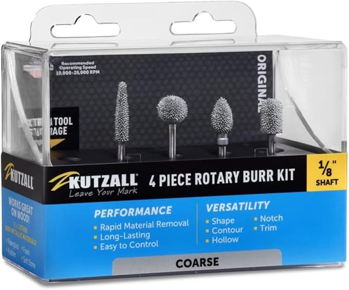 Kutzall 4-Piece Rotary Burr Kit - 1⁄8" Shaft, Coarse - Wood Carving Bits for Dremel, Foredom, Ryobi, DeWalt, Milwaukee Tools - Structured Tungsten Carbide