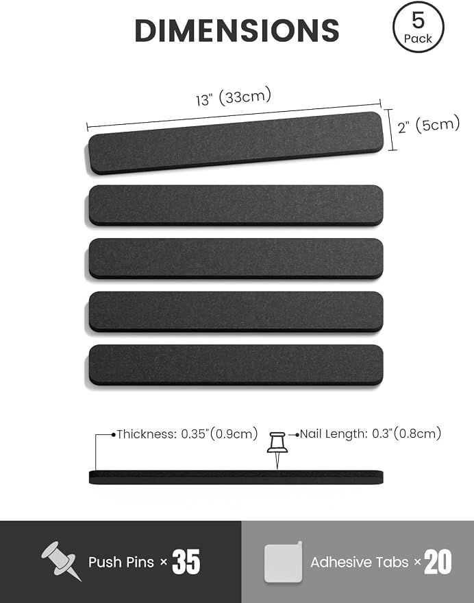Fluxynara Cork Board Alternative Felt Strip Board 5-Pack 13"x2", Office Pin - Image 2