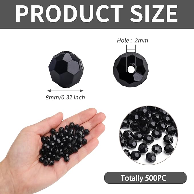 BONNY BOXX 500pcs 8mm Acrylic Faceted Round Crystal Beads Solid Black Loose - Image 3