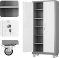 Aobabo 71" H x 32" W x 16" D Metal Storage Cabinet with Wheels, Garage Steel Storage Cabinet with 5 Adjustable Shelves and 4 Hooks for Home Office School, Assembly Required, Grey White