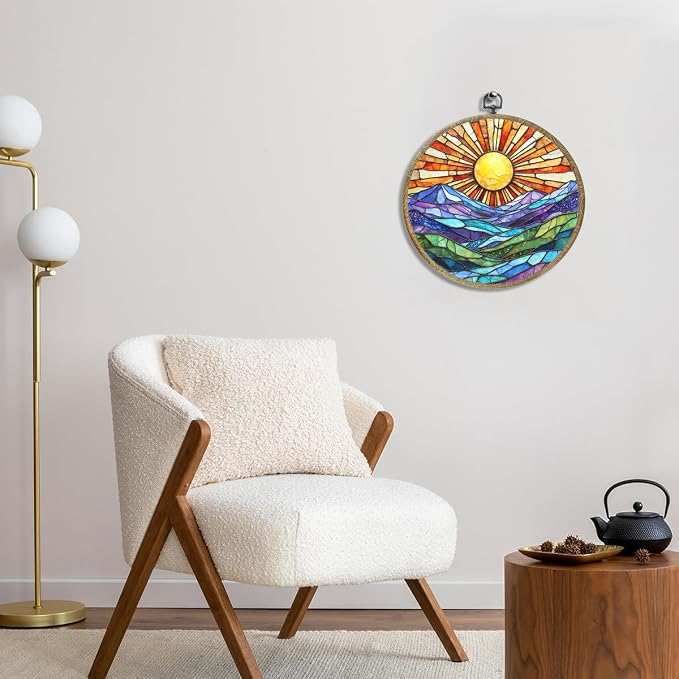 Colorful Mountain Sunset Bohemian Style Rainbow Sunrise Art Gift Framed Round - Image 3