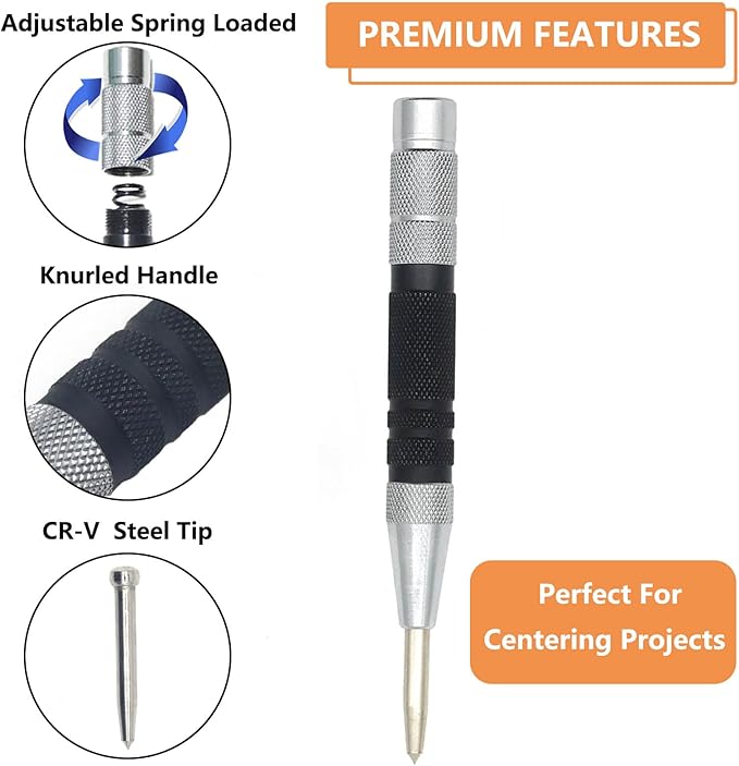 2-Piece Automatic Center Punch, 6 Inch Hardened Steel Spring Loaded Center Hole Punch with Adjustable Knurled Cap for Machinists and Carpenters