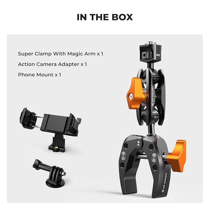K&F Concept Camera Clamp Mount, Super Clamp Mount Magic Arm with Two 360° Ball Heads, 1/4" Screw Threads for ARRI Compatible with DSLR, Action Camera, Tripod, Phone for Gopro/Insta360