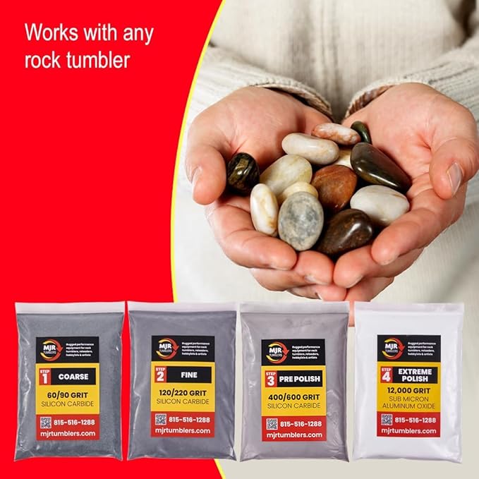 Refill Grit Kit w MJR Tumblers Premium Quality Extreme Polish 12,000 Grit Sub Micron Aluminum Oxide Polish for Unparalleled Results. For 3lb Rock Tumblers w Silicon Carbide, Disabled and Veteran Owned