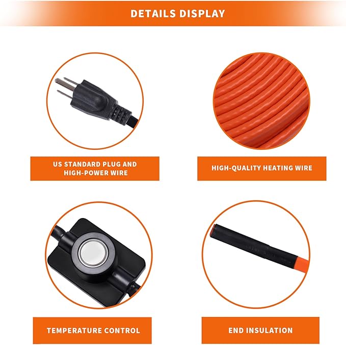 6FT Heat Tape for Water Pipes Freeze Protection IP65 Waterproof 7W/FT 110V BDDFOTO Water Pipe Heat Cable With Thermostat Self-Regulating Pipe Heater for House Garden/RV Camper