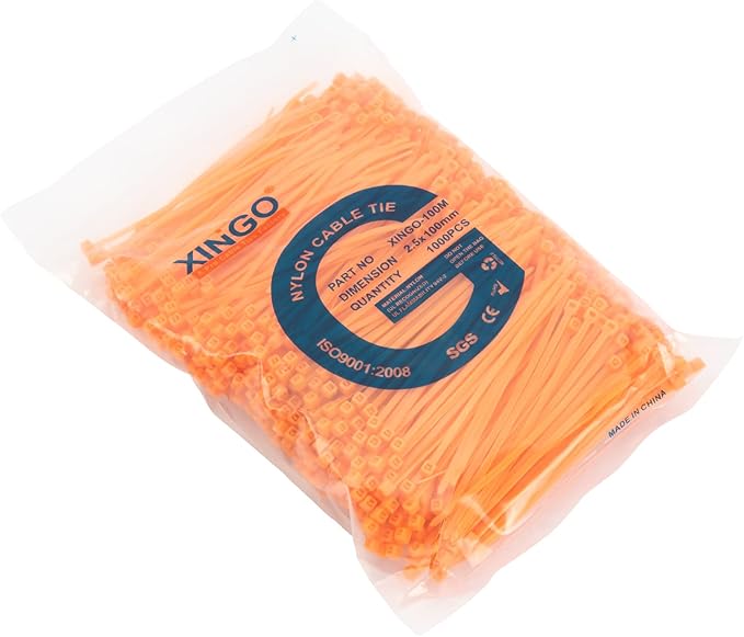 XINGO 1000 PCS 4 inch Cable Zip Ties, 18lb Strength, Small Tie Wraps Self-Locking Nylon Zip Ties for Indoor and Outdoor Use (Orange)
