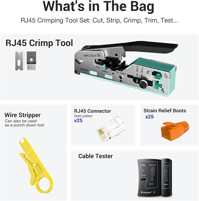 VCELINK RJ45 Crimp Tool Kit 53-in-1 for CAT7/CAT6A/CAT6/CAT5E/CAT5 Connectors, Includes Crimper Blades Replaceable, Cable Tester, Wire Stripper for Beginners Professionals DIY Network Setups