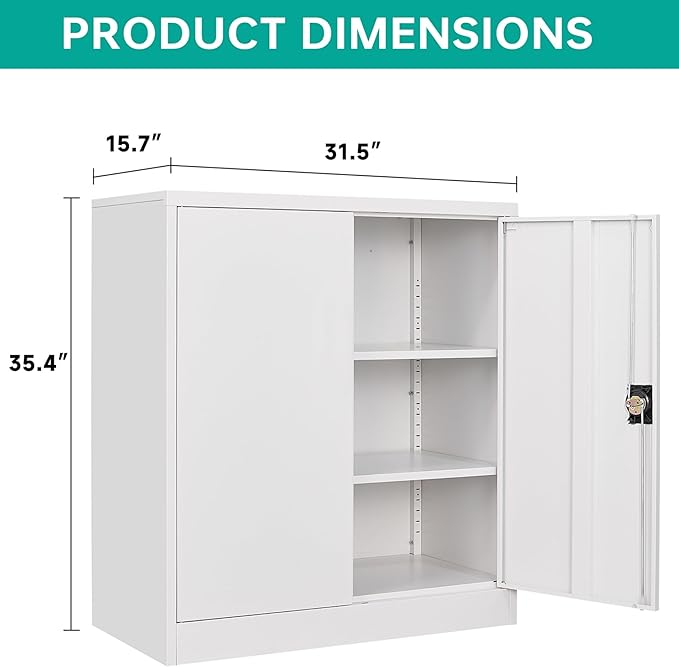 SISESOL Small Metal Cabinet with Shelves,36 inch Garage Storage Cabinet with Lock,White Metal Storage Cabinets with Locking Doors,Lockable Office File Cabinets for Home,Office,Shop,Garage
