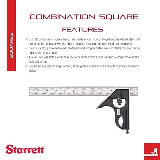 Starrett Steel Combination Square with Square Head and SLC - 12" Blade Length, Forged and Hardened Steel Heads, Reversible Lock Bolt, Scriber, Spirit Level, 4R Graduation Type - C33H-12-4RW/SLC
