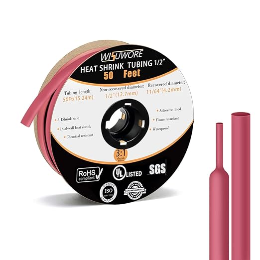 Heat Shrink Tubing, 3:1 Ratio Adhesive Lined Marine Grade Shrink Wrap Tubing,Industrial Heat Shrink Tube, Electrical Insulation Abrasion Resistant Heat Shrink Tubing,1/2 in Red,50 Feet Roll
