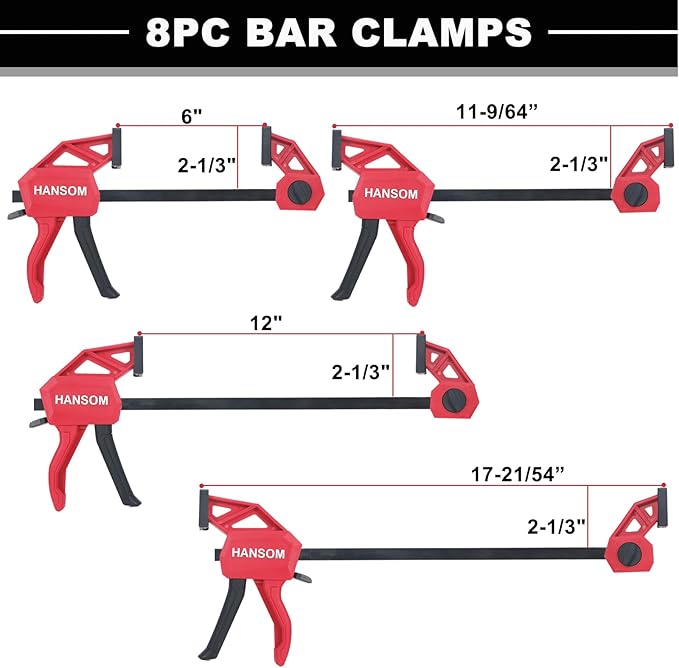 8-Pack 12&6 Inch Bar Clamps,Woodworking Clamps Light Duty 180LBS Throat Depth 2-1/3”,One-Handed Quick Grip/Spreader Wood Clamps,Bar Clamps Set with Quick Change Button
