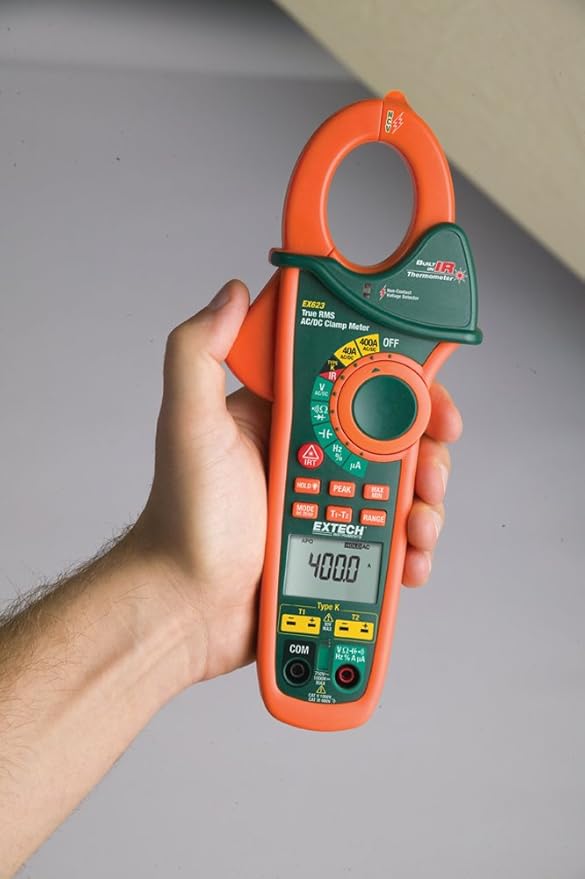 Extech EX623 True RMS 400A AC/DC Clamp Meter with Dual Type K, Infrared Thermometer and NCV