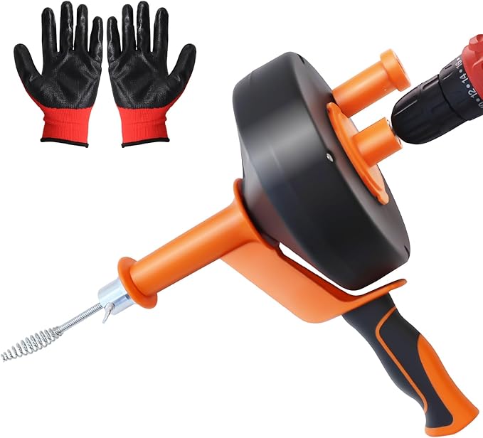 Drain Auger, 35FT Drain Snake with Drill Adapter, Plumbing Snake Clog Remover with Work Gloves, Manual or Powered Use for Kitchen