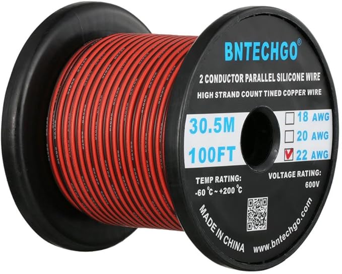 BNTECHGO 22 Gauge Flexible 2 Conductor Parallel Silicone Wire Spool Red Black High Resistant 200 deg C 600V for Single Color LED Strip Extension Cable Cord,Model,100ft Stranded Tinned Copper Wire