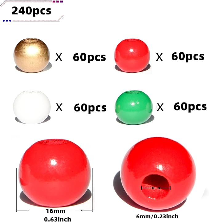 240Pcs Christmas Wood Beads 16mm - Image 2