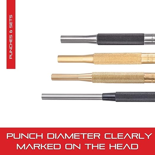 Starrett Drive Pin Punch Set with Knurled Grip and Round Red Plastic Box - 4" Length, 1/16", 3/32", 1/8", 5/32", 3/16", 7/32", 1/4", 5/16" Punch Diameter - Set of 8 - S565WB