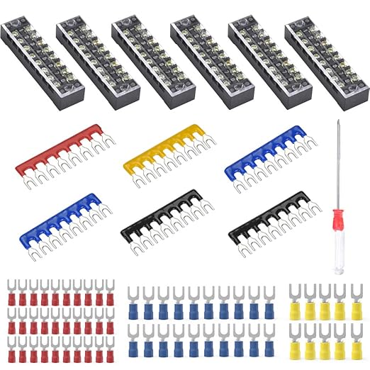 73Pcs(6Sets) Terminal Block Set, 6Pcs 8 Positions 600V 15A Dual Row Screw Terminal Strip Block + 6Pcs Pre-Insulated Terminals Barrier Strip + 60Pcs Insulated Fork Wire Connector by CGele…