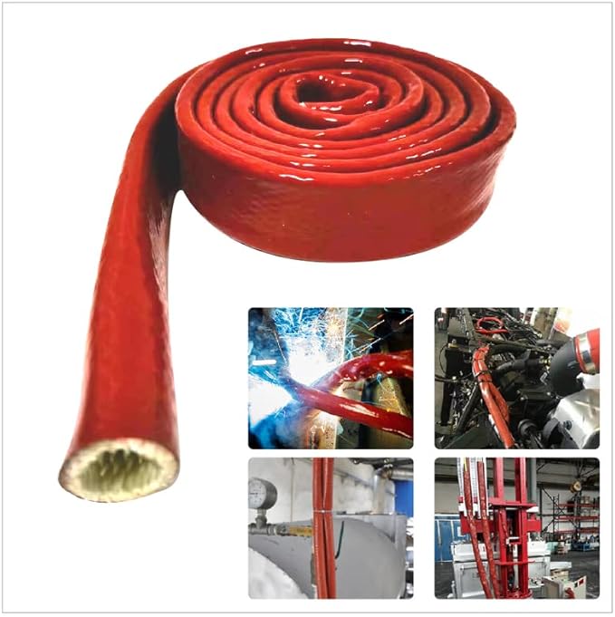 Insulation Heat Shielded Fire Thermo Armor Fire Sleeve Silicone Coated Fiberglass Heat Protection for Automotive Hose Lines & Electrical Wiring-（Red 1/2" ID x5FT）