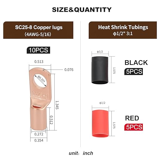 Thick Copper Electric Wire Lugs,10Pcs Bare Copper Gauge 4Awg-5/16(M8) Ring Heavy Duty Battery Cable Lugs Ends Ring Terminals Connectors with 10Pcs 3:1 Heat Shrink Tubing Assortment Kit