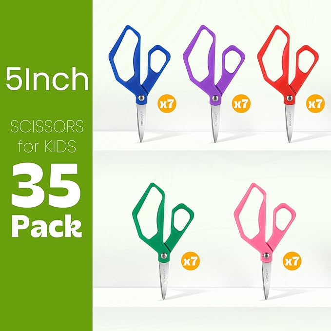 35Pack 5" Small School Student Pointed-Tip Craft Kids Scissors, Stainless Steel Blades Comfort Grip 5 Inch Safety Scissors Bulk for Kids Children Toodler Cutting Paper Crafting