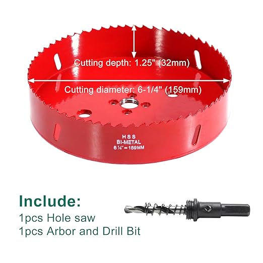 HYCHIKA 6-1/4 Inch/159mm Hole Saw,Bi-Metal Cutter Hole Max Cutting Depth 32mm with 1 Arbor Drill Bit for Wood Cutting Cornhole Plastic Drywall Boards Fiberboard