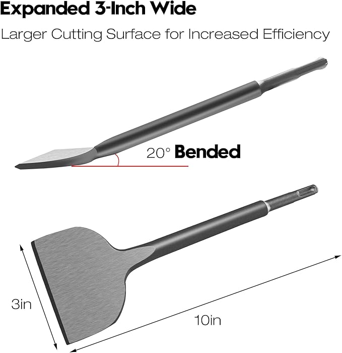 2Pcs SDS Plus Chisels Set, Flat & 20° Bent, 3” x 10” Tile Removal Bits in 40Cr Alloy Steel, Fits Most Rotary Hammers & Impact Drills, for Concrete, Tile, Stone & Other Construction Materials
