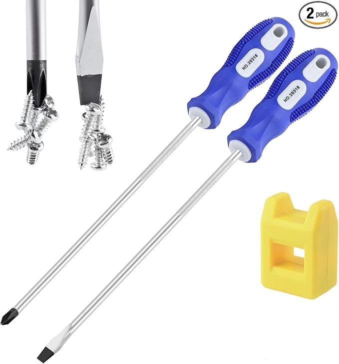 Slotted and Phillips Screwdriver PH2 8" Long Cross-head & Flat Blade, 2 Packs Magnetic Screwdriver with Rubber Handle, With Magnetizer/Demagnetizer Tool