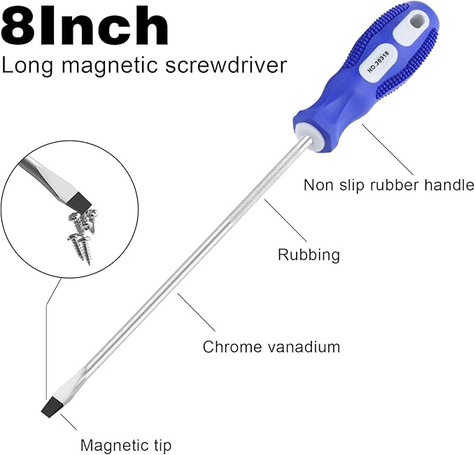 Slotted and Phillips Screwdriver PH2 8" Long Cross-head & Flat Blade, 2 Packs Magnetic Screwdriver with Rubber Handle, With Magnetizer/Demagnetizer Tool
