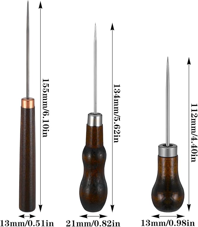 Ptwola 3 Pcs Scratch Awl Tool Gourd Shape Handle Leather Awl Punch Tool Wooden Punch Hole Craft Maker Tool Repair Shoes Sewing Stitching Supplies for Tailors Crochet DIY Cloth Stitch Bookbinding
