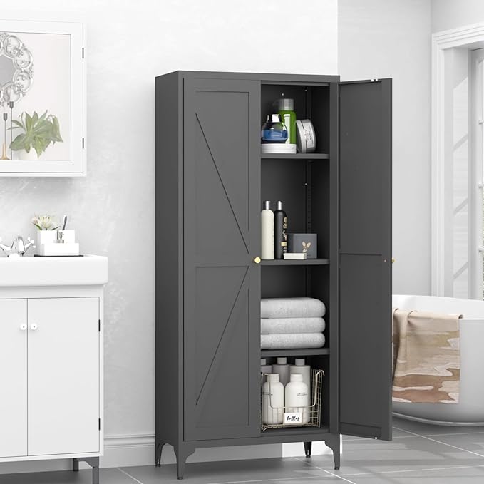GREATMEET 65" Tall Kitchen Pantry Storage Cabinet, Black Pantry Storage Cabinet, Farmhouse Metal Kitchen Cupboard with Doors for Garage, Dining Room, Living Room and Laundry