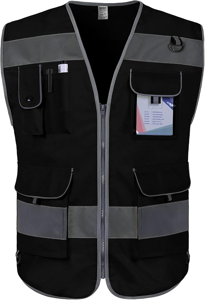 TCCFCCT High Visibility Safety Vest for Men Women 9 Pockets Hi Vis Reflective Vest for Safety, Work Vest with Reflective Strips, Meets ANSI/ISEA Standards, (Black, 5X-Large)
