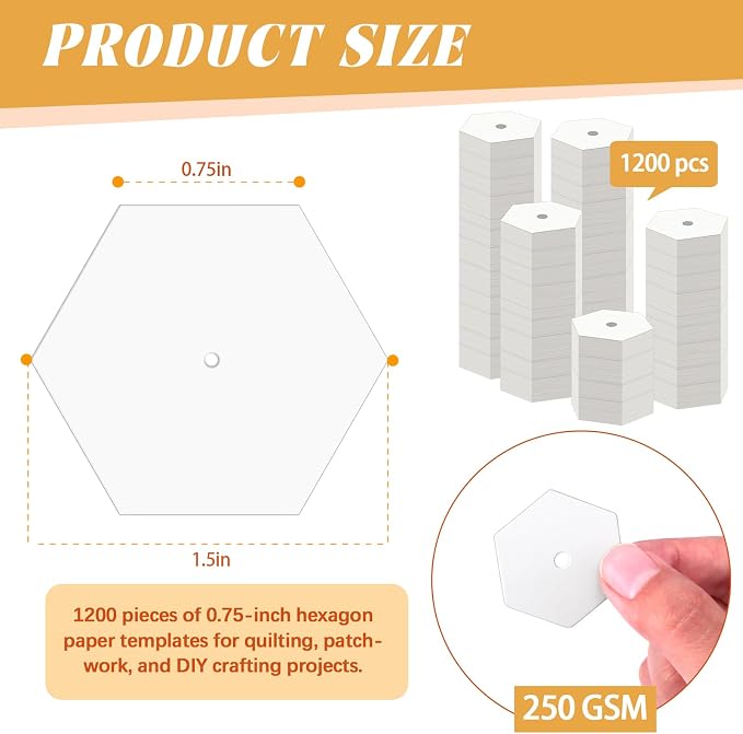 1200 PCS Hexagon Piecing Paper Templates, 0.75" White Paper templates, Quilting - Image 2