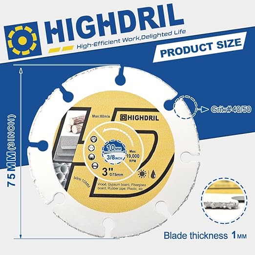HIGHDRIL Carbide Wood Blade 3" 75mm x Arbor 3/8" 10mm - 4pcs Angle Grinder Cutting Disc for Cutting Wood with Nails Rubber Tubing Plastic Laminate Cement Residue Gypsum Fiberglass