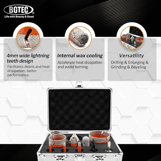 BGTEC Tile Hole Saw Kit Diamond - 11PCS 5/8-11 Thread Drill Bits 6/6/8/19/35/50/65mm+50mm Beveling Chamfer Bit+20mm Finger Bit+SDS/HEX Adapter for Pocelian Tile Ceramic Marble Granite Stoneware