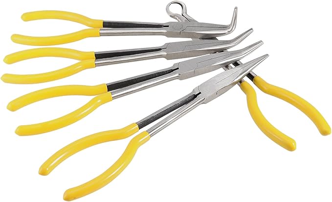SINJEUN 5-Piece 11 Inch Nose Pliers Set, Long Reach Angle Pliers - Straight, 25, 45, 90 and Round. Yellow Rubber Grip