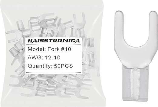 haisstronica 50pcs #10 Fork Terminals,AWG 12-10 Brazed Seam Non-Insulated Copper Wire Connectors